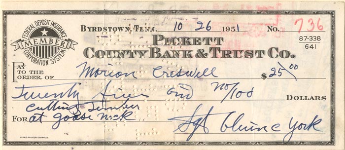 Sgt. Alvine York signed Check